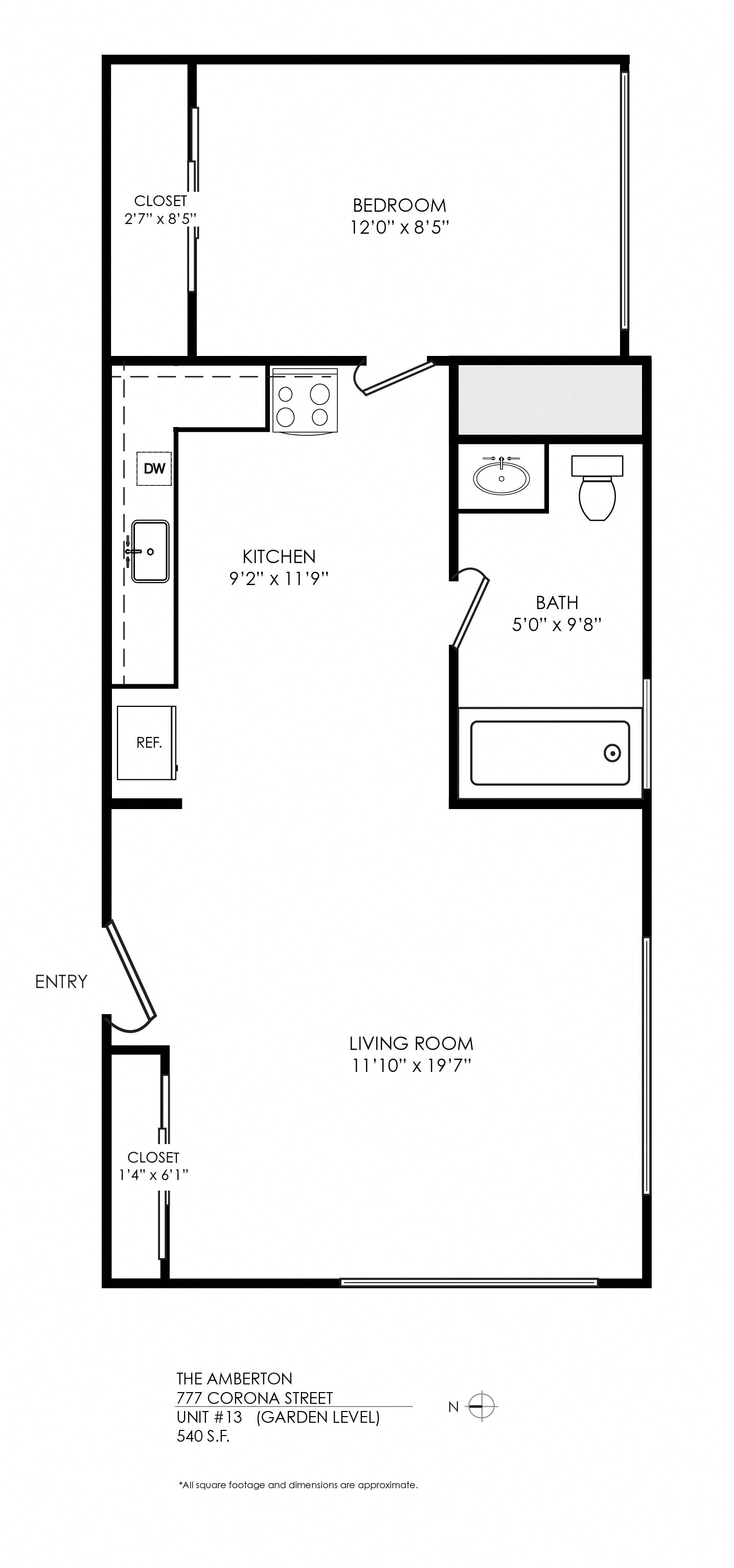 Floor plan for 1 bed, 1 bath, 540 sqft